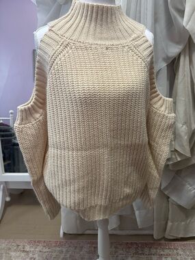 Tea n Cup Cream Off-Shoulder Ribbed Cold-Shoulder Sweater